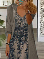 Nextmacys-Women's Long Sleeve V-neck Floral Printed Two Pieces Maxi Dress