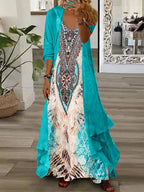 Nextmacys-Women Half Sleeve V-neck Graphic Printed Two-Piece Maxi Dress-Petite Size Available