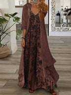 Women's Long Sleeve V-neck Floral Printed Two Pieces Maxi Dress