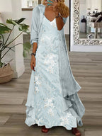 Women's Long Sleeve V-neck Floral Printed Two Pieces Maxi Dress