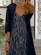 Nextmacys-Women's Long Sleeve V-neck Graphic Printed Two Pieces Maxi Dress