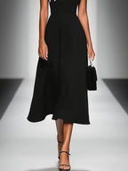 Women's Colorblock Square Neck Cap Shoulder Sleeve Waist Midi Dress