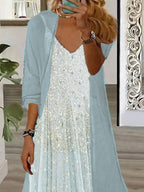 Nextmacys-Women's Long Sleeve V-neck Graphic Printed Two Pieces Maxi Dress