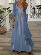 Nextmacys-Women's Long Sleeve V-neck Floral Printed Two Pieces Maxi Dress