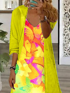 Women's Long Sleeve V-neck Colorblock Graphic Printed Two Pieces Maxi Dress