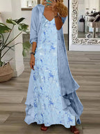 Women's Long Sleeve V-neck Graphic Printed Two Pieces Maxi Dress