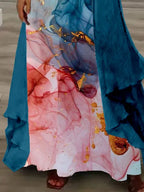 Women's Long Sleeve V-neck Graphic Printed Two Pieces Maxi Dress
