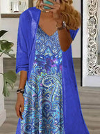 Women's Long Sleeve V-neck Floral Printed Two Pieces Maxi Dress