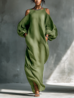 Oversized Puff Sleeves & Side Pockets Cold-Shoulder Maxi Dress