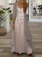 Nextmacys-Women's Long Sleeve V-neck Floral Printed Two Pieces Maxi Dress