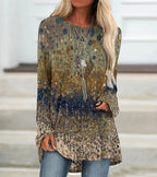 Casual Women's Crew Neck Top Loose Long Sleeve Vintage Print Pullover Fashion T-Shirt