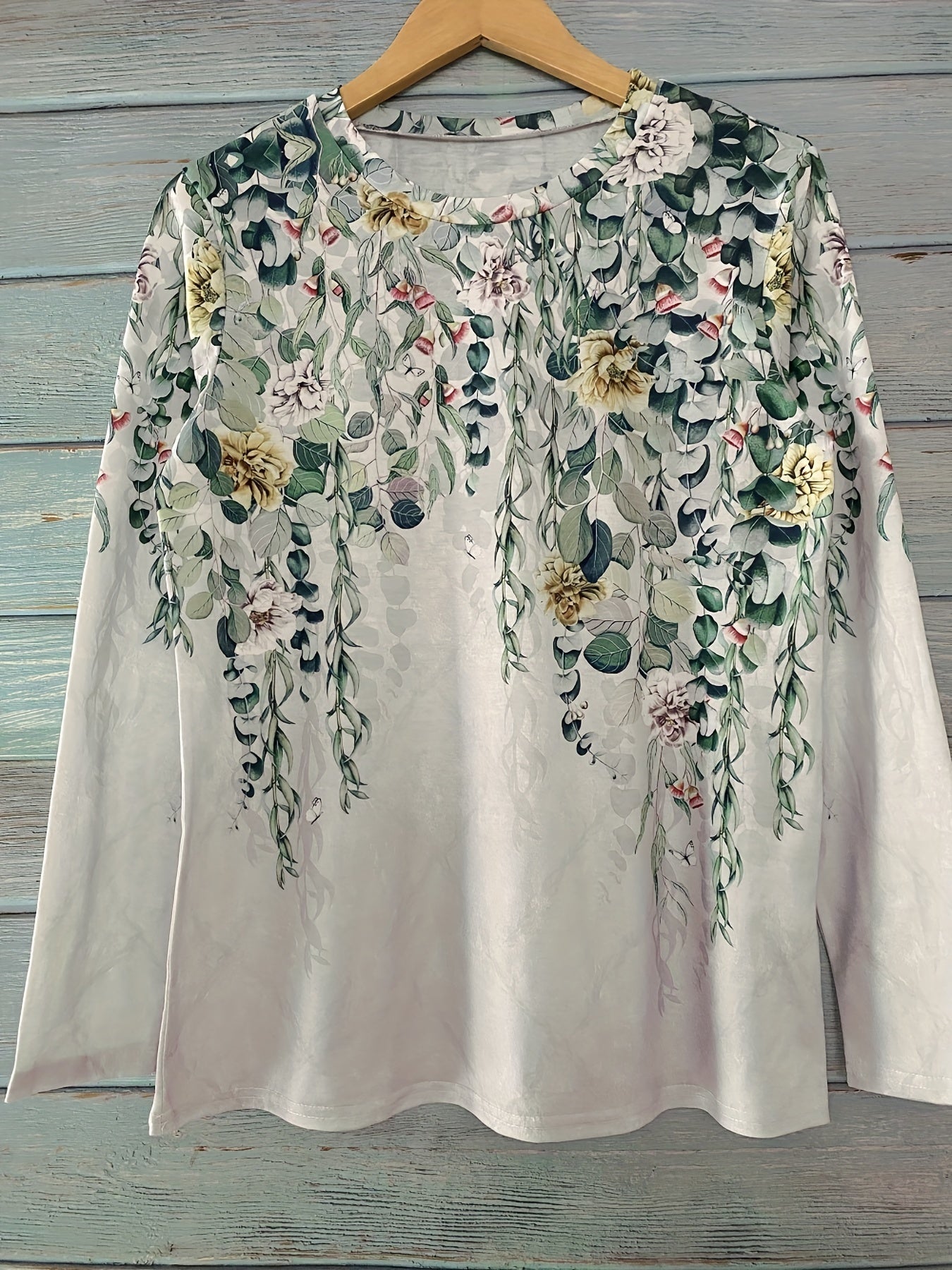 Floral Print Crew Neck T-Shirt, Casual Long Sleeve T-Shirt For Spring & Fall, Women's Clothing