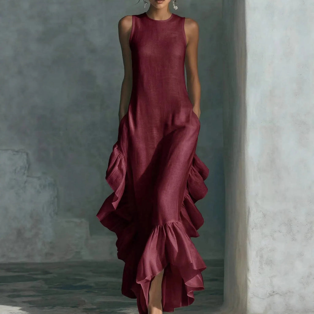 Sleeveless Ruffled Linen Maxi Dress