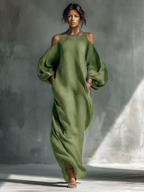 Oversized Puff Sleeves & Side Pockets Cold-Shoulder Maxi Dress