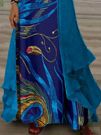 Nextmacys-Women's Long Sleeve V-neck Graphic Printed Two Pieces Maxi Dress