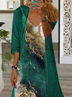 Women's Long Sleeve V-neck Graphic Printed Two Pieces Maxi Dress