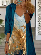 Women's Long Sleeve V-neck Graphic Printed Two Pieces Maxi Dress