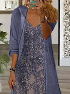 Nextmacys-Women's Long Sleeve V-neck Floral Printed Two Pieces Maxi Dress