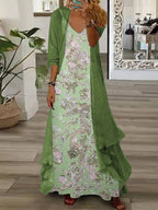 Women's Long Sleeve V-neck Graphic Printed Two Pieces Maxi Dress