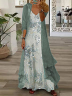 Nextmacys-Women's Long Sleeve V-neck Floral Printed Two Pieces Maxi Dress