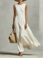 Sleeveless  Asymmetric Hem Ivory Breathable Linen Dress