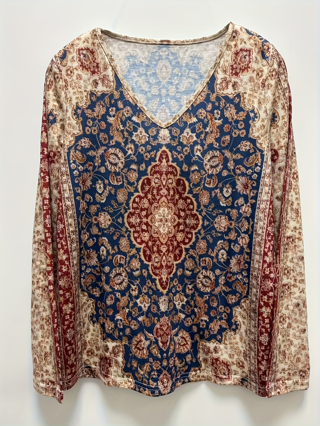 Women's Floral Print V Neck Long Sleeve T-Shirt - Casual Spring and Fall Top