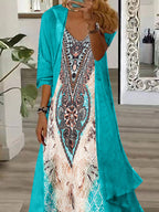 Nextmacys-Women Half Sleeve V-neck Graphic Printed Two-Piece Maxi Dress-Petite Size Available