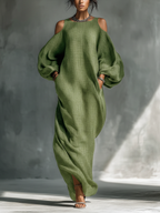 Oversized Puff Sleeves & Side Pockets Cold-Shoulder Maxi Dress