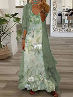 Women's Long Sleeve V-neck Floral Printed Two Pieces Maxi Dress