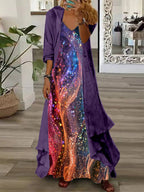 Women's Long Sleeve V-neck Graphic Printed Two Pieces Maxi Dress