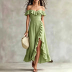 Women's Summer Cotton Off Shoulder Ruffled Ruched Flowy Maxi Dress