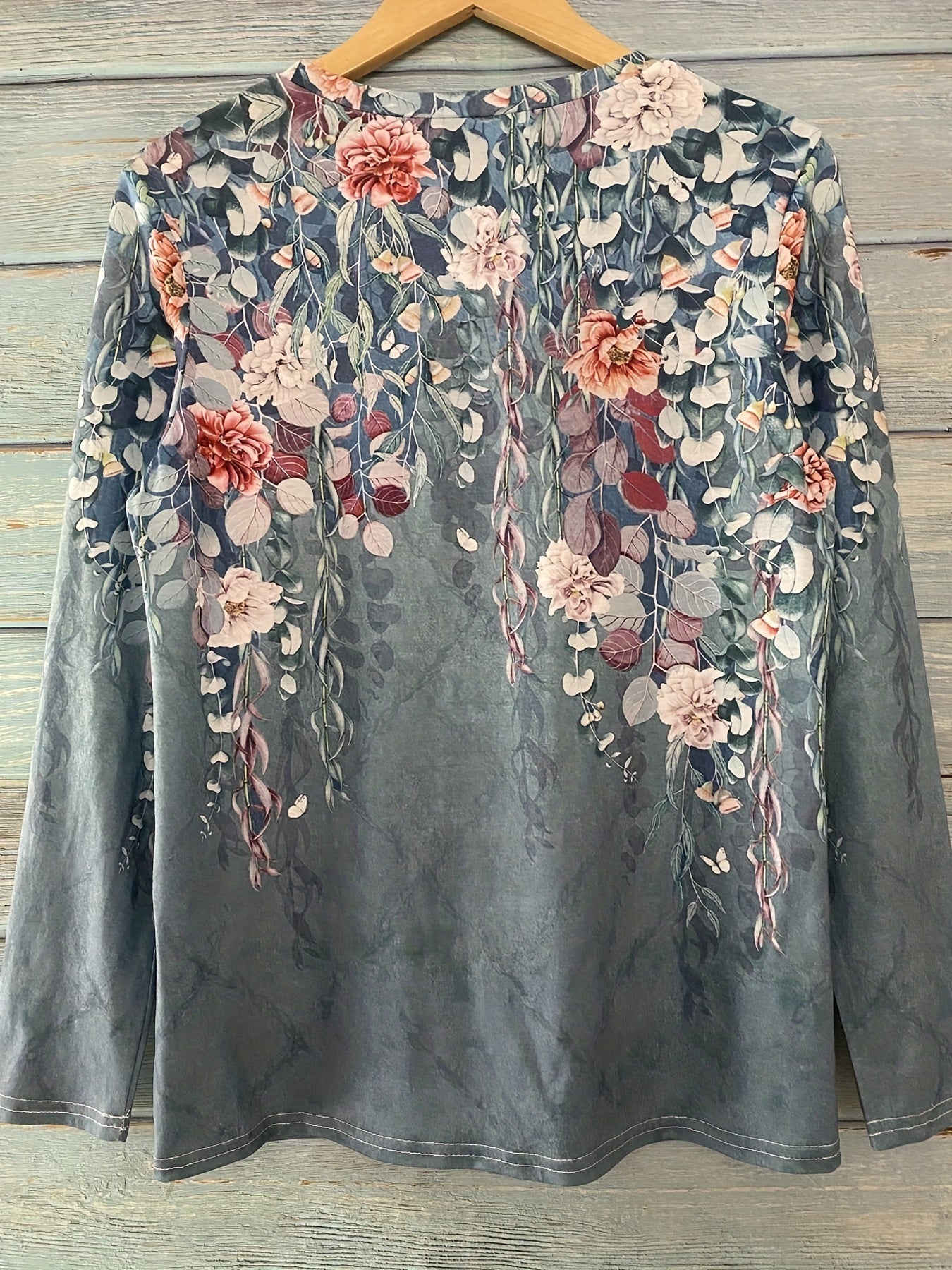 Floral Print Crew Neck T-Shirt, Casual Long Sleeve T-Shirt For Spring & Fall, Women's Clothing