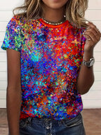 Allover Print Crew Neck T-Shirt, Casual Short Sleeve Top For Spring & Summer, Women's Clothing