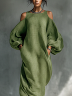 Oversized Puff Sleeves & Side Pockets Cold-Shoulder Maxi Dress