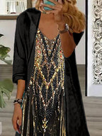 Women's Long Sleeve V-neck Graphic Printed Two Pieces Maxi Dress