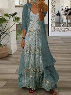 Nextmacys-Women's Long Sleeve V-neck Floral Printed Two Pieces Maxi Dress