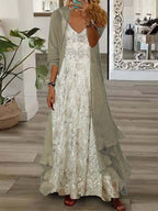 Women's Long Sleeve V-neck Graphic Printed Two Pieces Maxi Dress