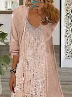 Nextmacys-Women's Long Sleeve V-neck Graphic Printed Two Pieces Maxi Dress