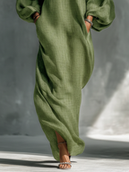 Oversized Puff Sleeves & Side Pockets Cold-Shoulder Maxi Dress
