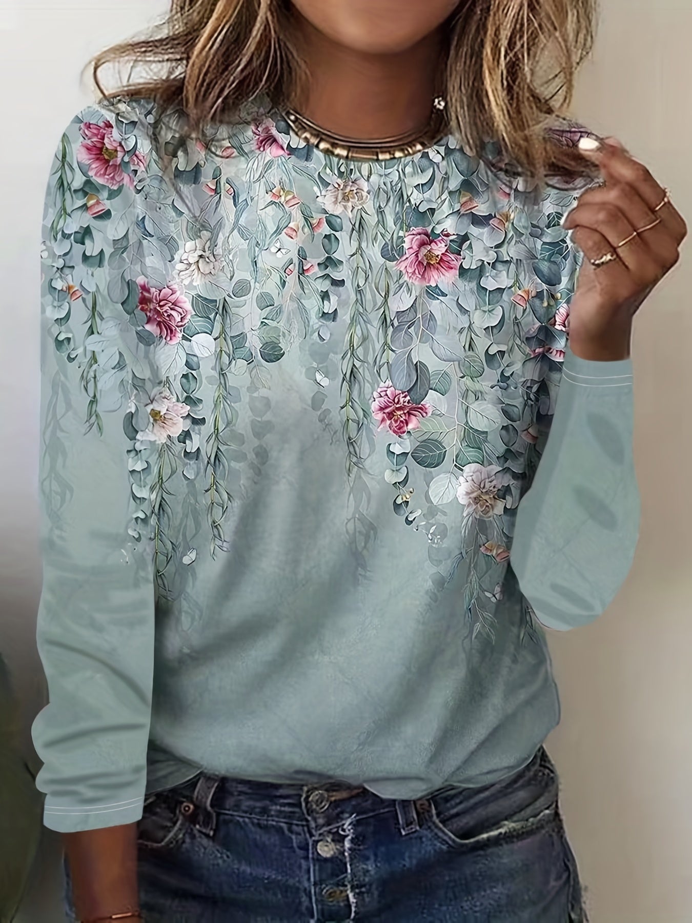 Floral Print Crew Neck T-Shirt, Casual Long Sleeve T-Shirt For Spring & Fall, Women's Clothing
