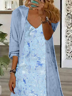 Women's Long Sleeve V-neck Graphic Printed Two Pieces Maxi Dress