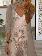 Nextmacys-Women's Long Sleeve V-neck Floral Printed Two Pieces Maxi Dress