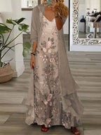 Nextmacys-Women's Long Sleeve V-neck Floral Printed Two Pieces Maxi Dress