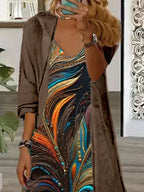 Women's Long Sleeve V-neck Graphic Printed Two Pieces Maxi Dress