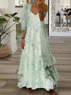 Women's Long Sleeve V-neck Floral Printed Two Pieces Maxi Dress
