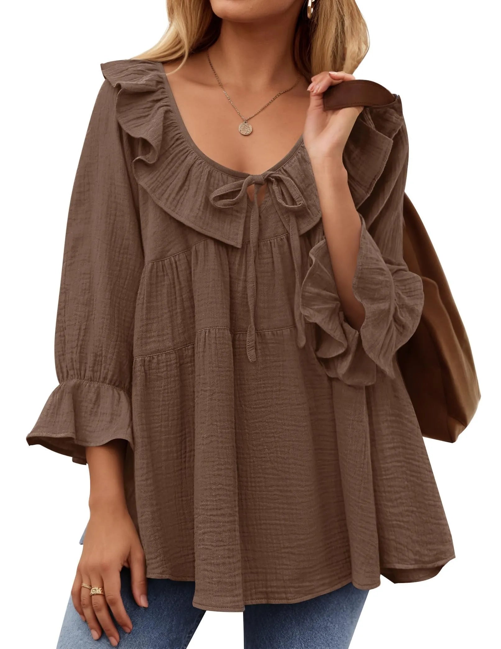 Women’s Scoop Neck 3/4 Length Sleeve Tie Front Ruffle Tiered Tunic Shirts