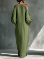 Oversized Puff Sleeves & Side Pockets Cold-Shoulder Maxi Dress