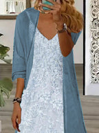 Women's Long Sleeve V-neck Floral Printed Two Pieces Maxi Dress