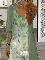 Women's Long Sleeve V-neck Floral Printed Two Pieces Maxi Dress