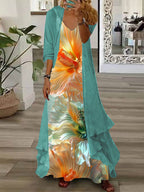 Women's Long Sleeve V-neck Floral Printed Two Pieces Maxi Dress
